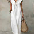 Linen Maxi Dress with V-Neck and Flutter Sleeves for Women