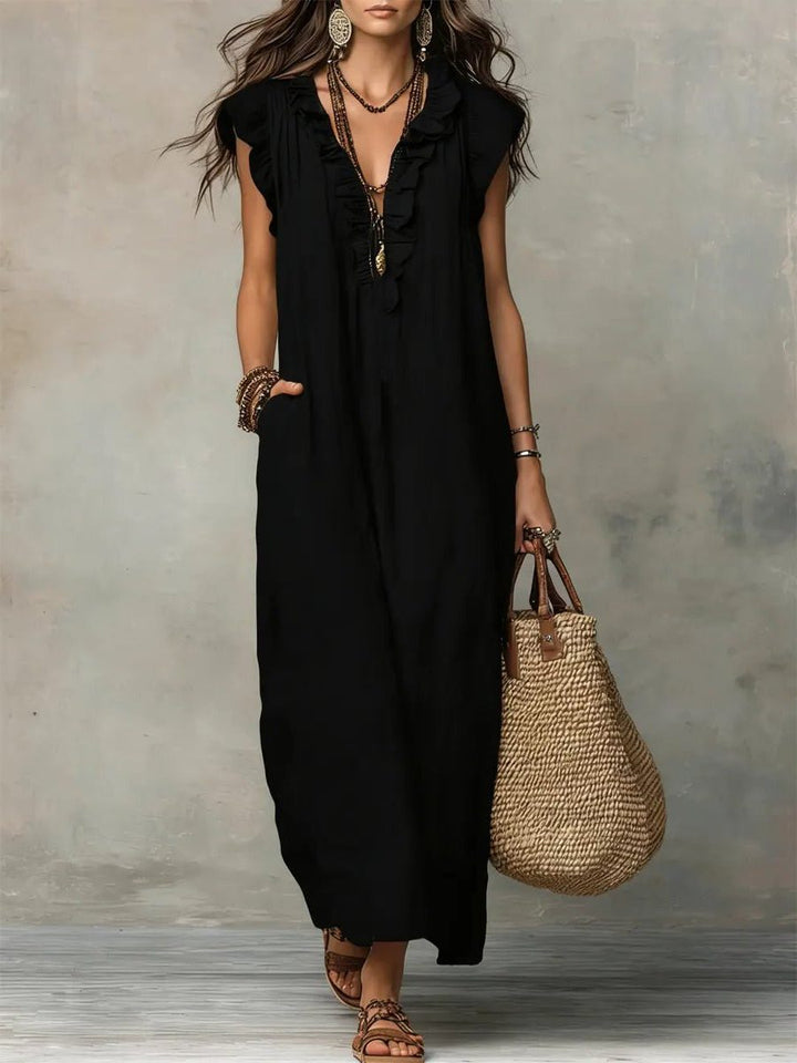 Linen Maxi Dress with V-Neck and Flutter Sleeves for Women
