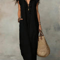 Linen Maxi Dress with V-Neck and Flutter Sleeves for Women