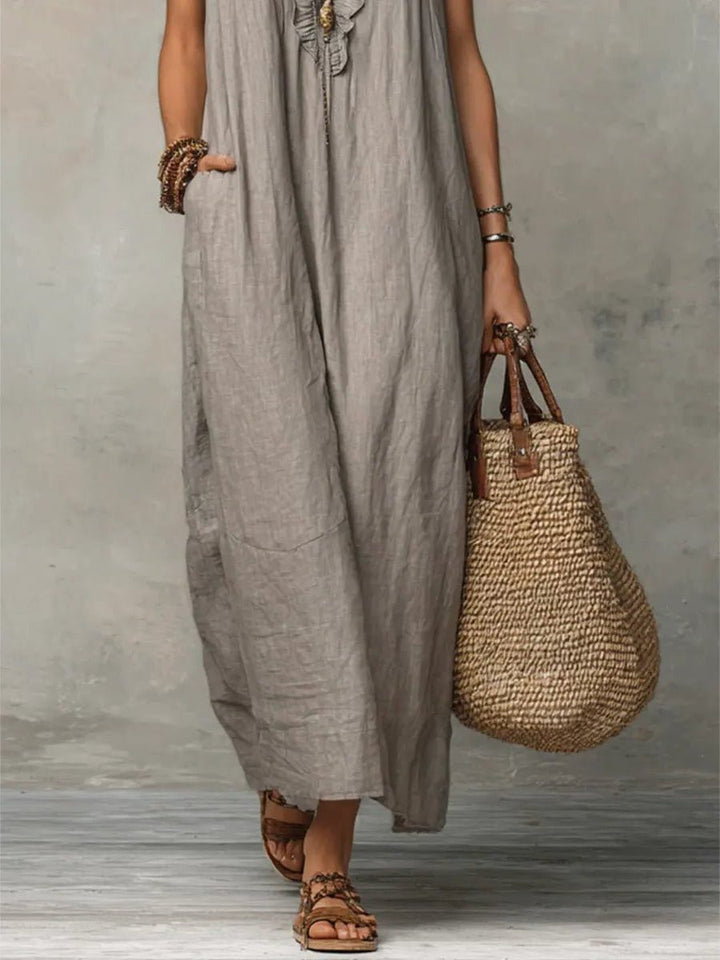 Linen Maxi Dress with V-Neck and Flutter Sleeves for Women