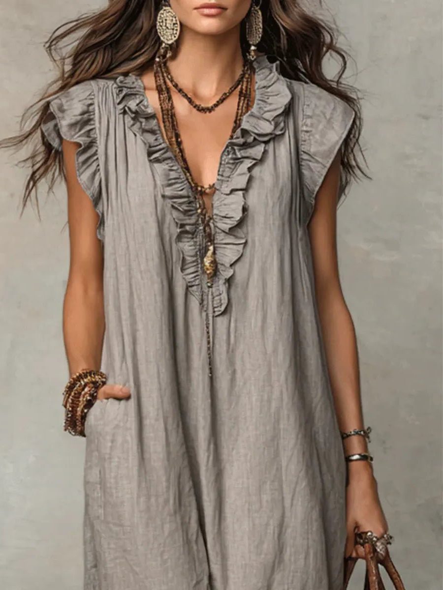 Linen Maxi Dress with V-Neck and Flutter Sleeves for Women