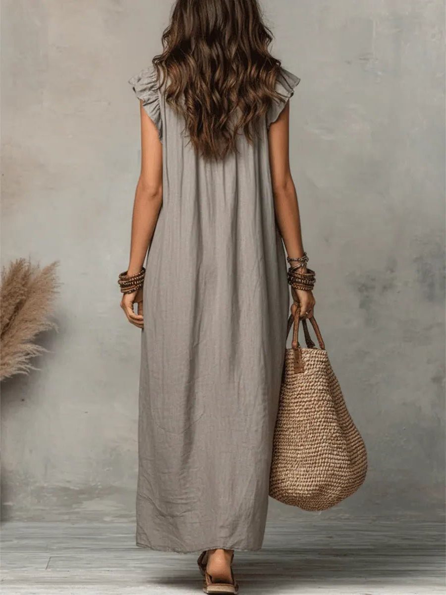 Linen Maxi Dress with V-Neck and Flutter Sleeves for Women