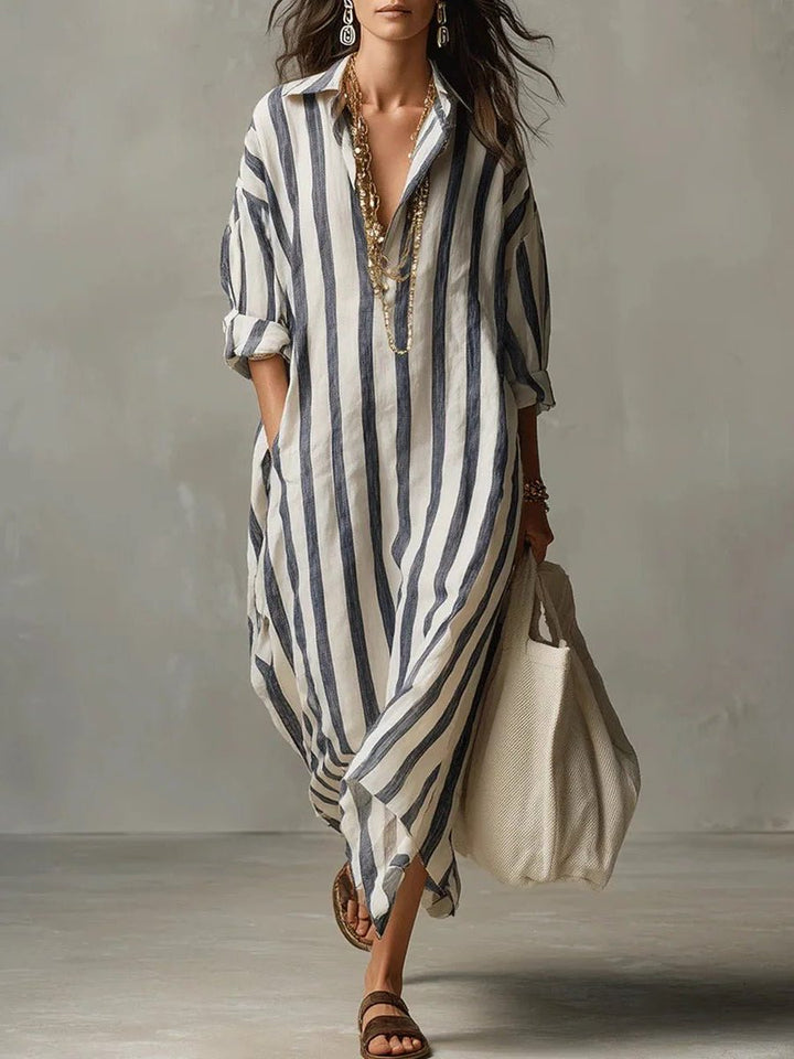 Striped Linen Maxi Shirt Dress with V-Neck for Women