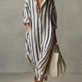 Striped Linen Maxi Shirt Dress with V-Neck for Women