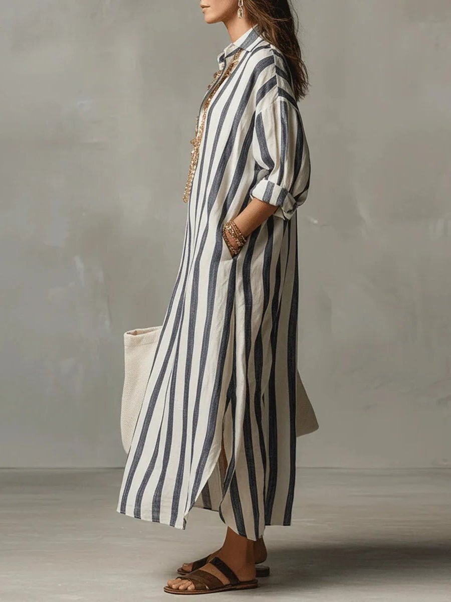 Striped Linen Maxi Shirt Dress with V-Neck for Women