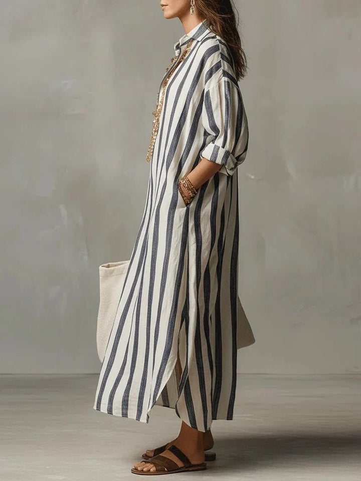 Striped Linen Maxi Shirt Dress with V-Neck for Women