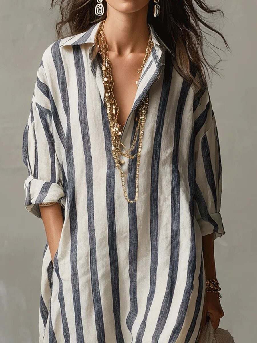 Striped Linen Maxi Shirt Dress with V-Neck for Women
