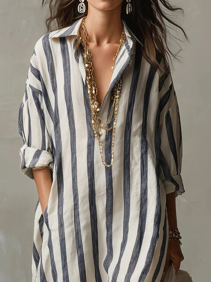 Striped Linen Maxi Shirt Dress with V-Neck for Women