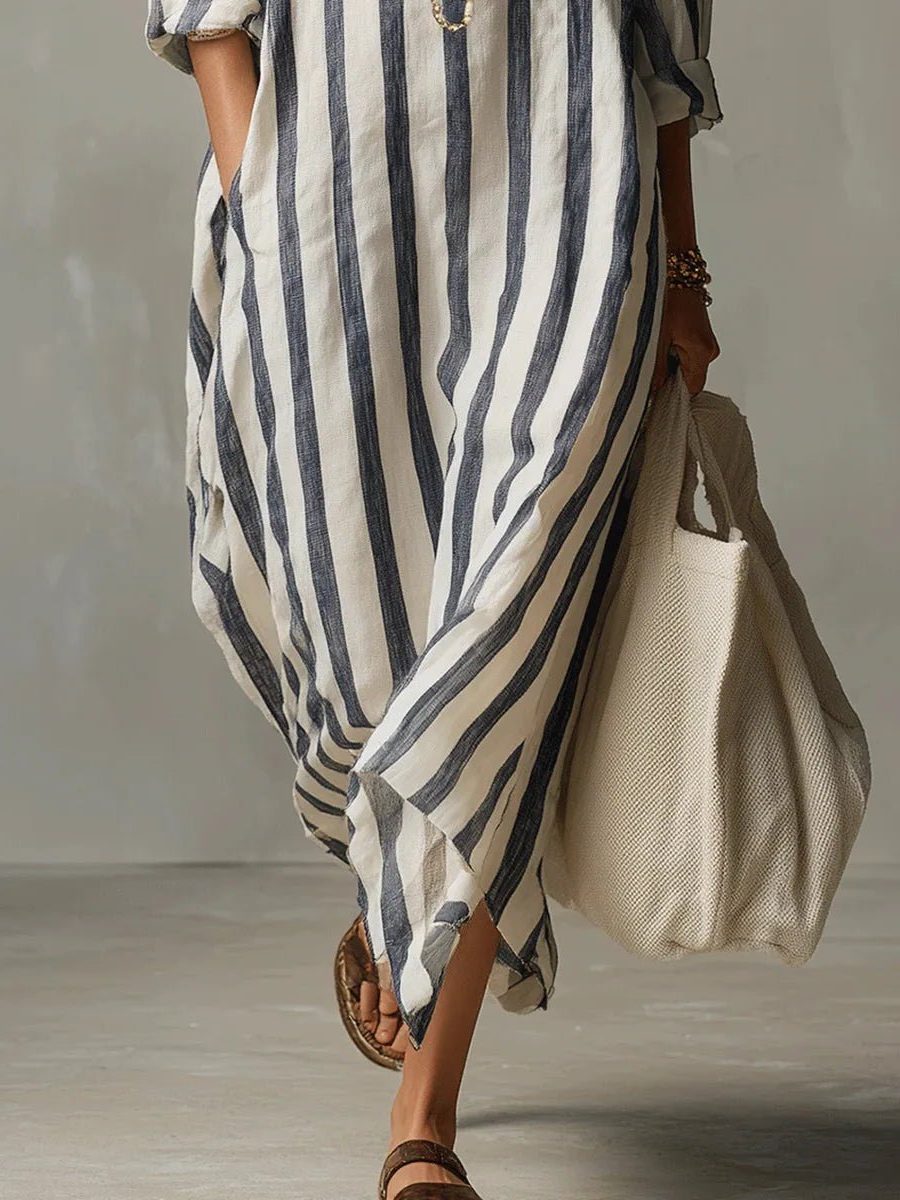 Striped Linen Maxi Shirt Dress with V-Neck for Women