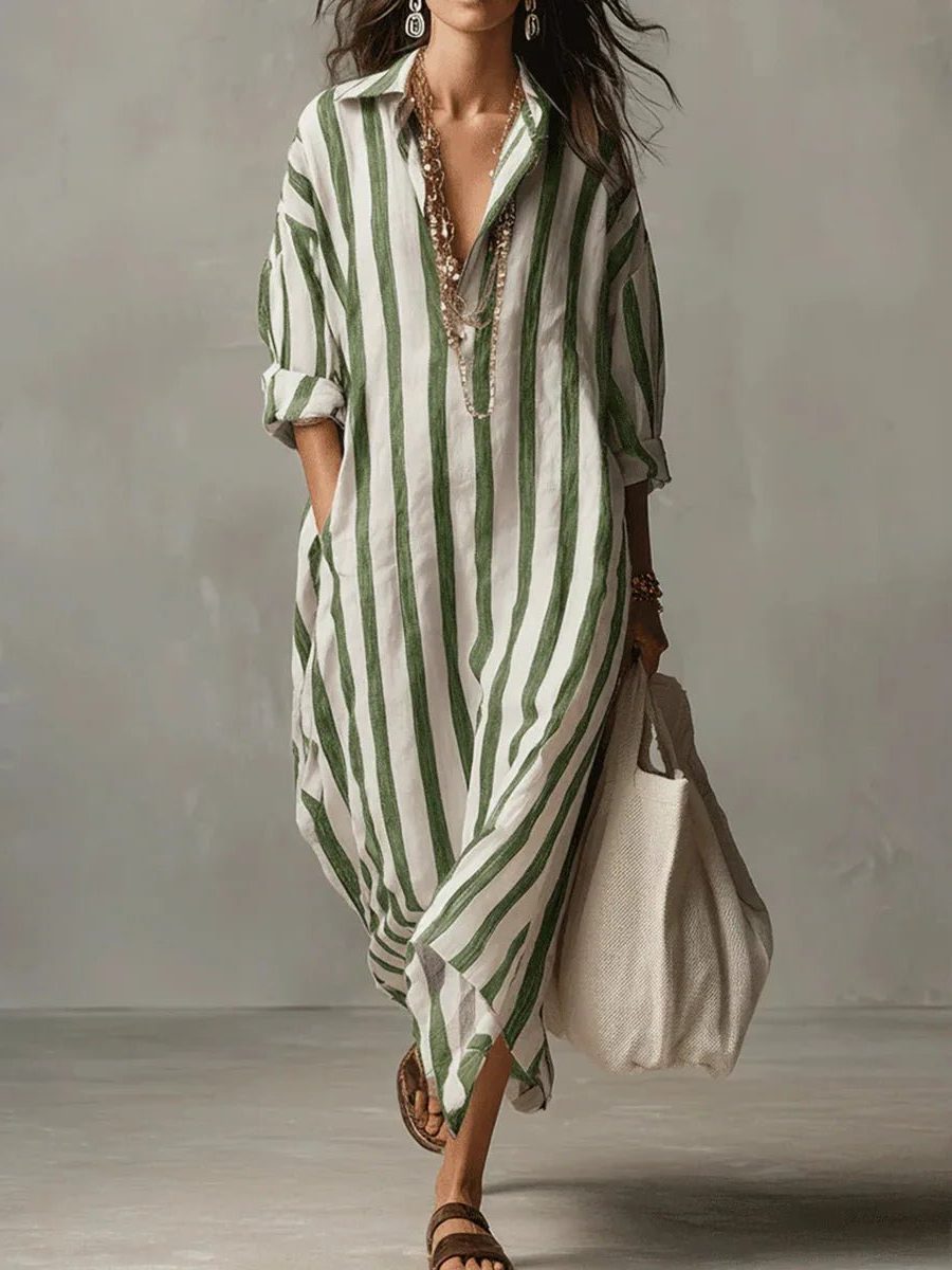 Striped Linen Maxi Shirt Dress with V-Neck for Women