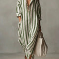 Striped Linen Maxi Shirt Dress with V-Neck for Women