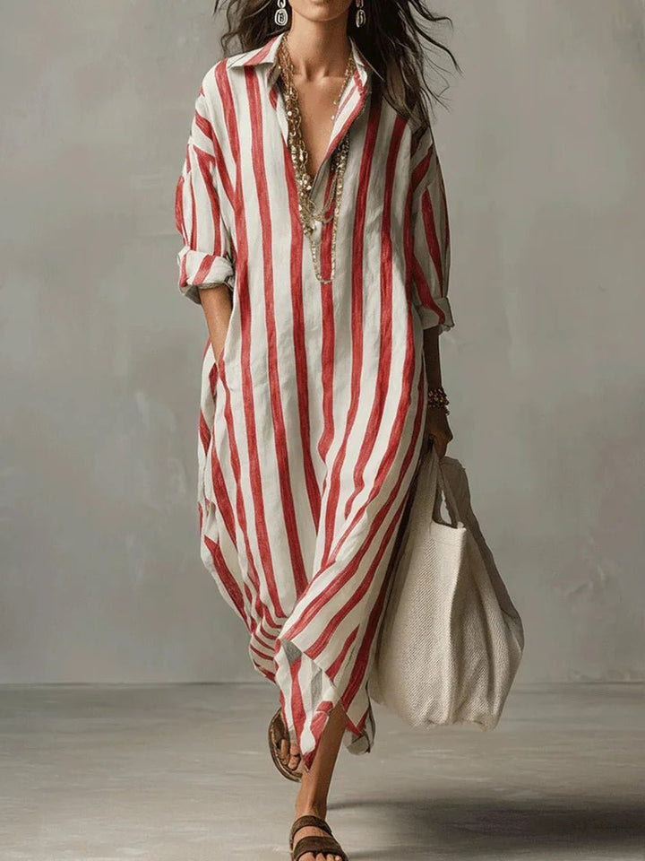 Striped Linen Maxi Shirt Dress with V-Neck for Women