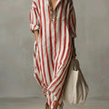 Striped Linen Maxi Shirt Dress with V-Neck for Women