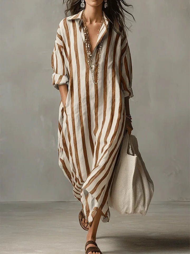 Striped Linen Maxi Shirt Dress with V-Neck for Women