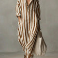 Striped Linen Maxi Shirt Dress with V-Neck for Women