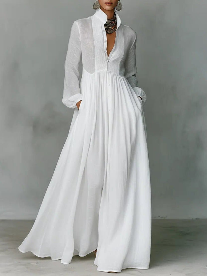 Linen Blend Maxi Shirt Dress with Stand Collar and Pockets for Women