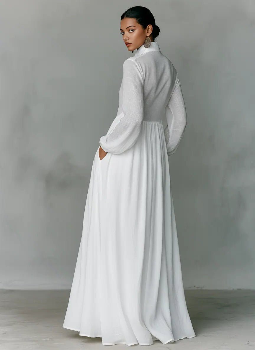 Linen Blend Maxi Shirt Dress with Stand Collar and Pockets for Women
