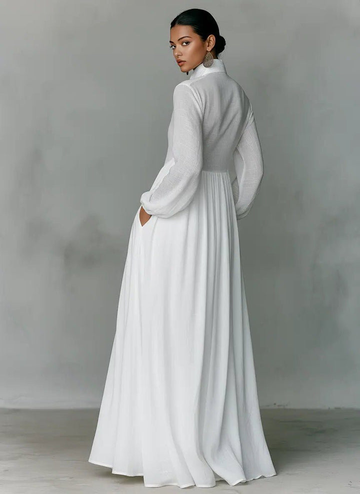 Linen Blend Maxi Shirt Dress with Stand Collar and Pockets for Women
