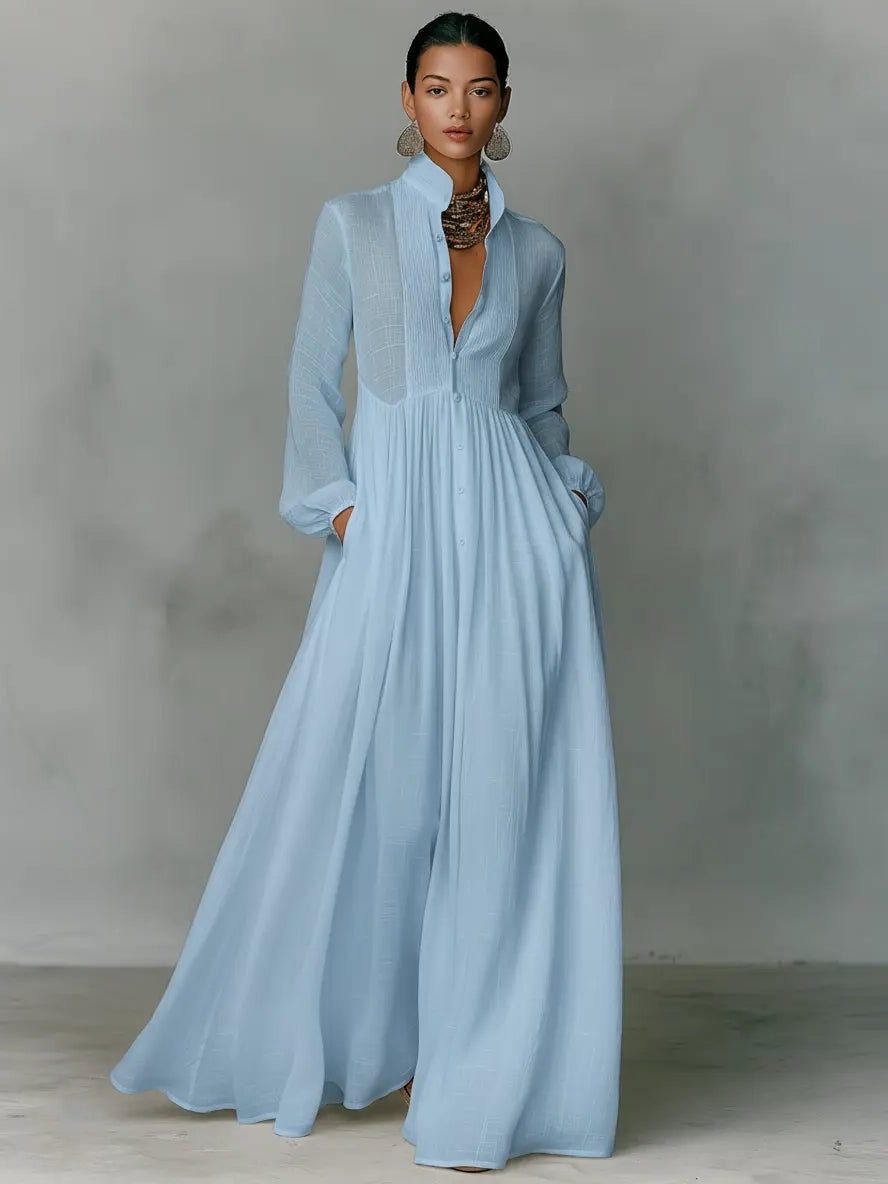 Linen Blend Maxi Shirt Dress with Stand Collar and Pockets for Women