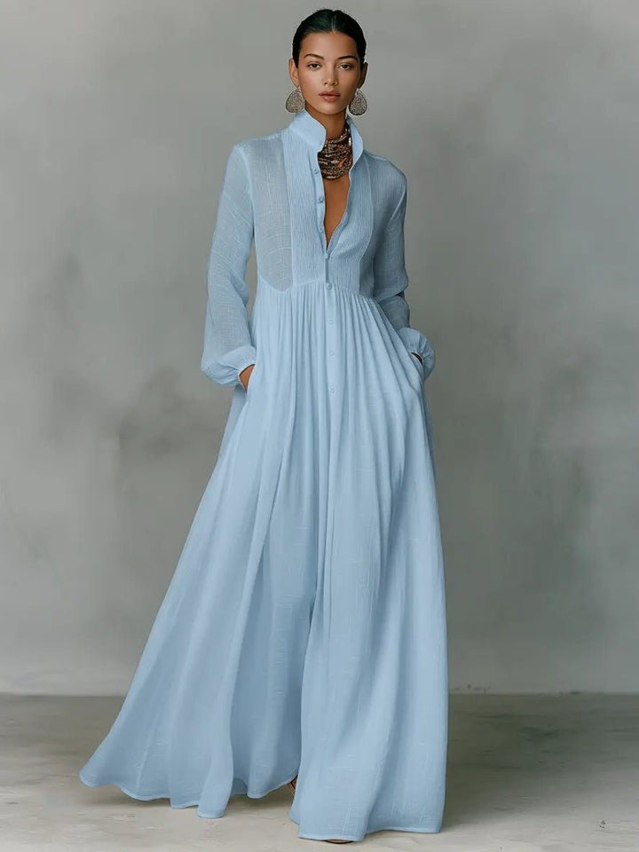 Linen Blend Maxi Shirt Dress with Stand Collar and Pockets for Women