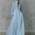 Linen Blend Maxi Shirt Dress with Stand Collar and Pockets for Women