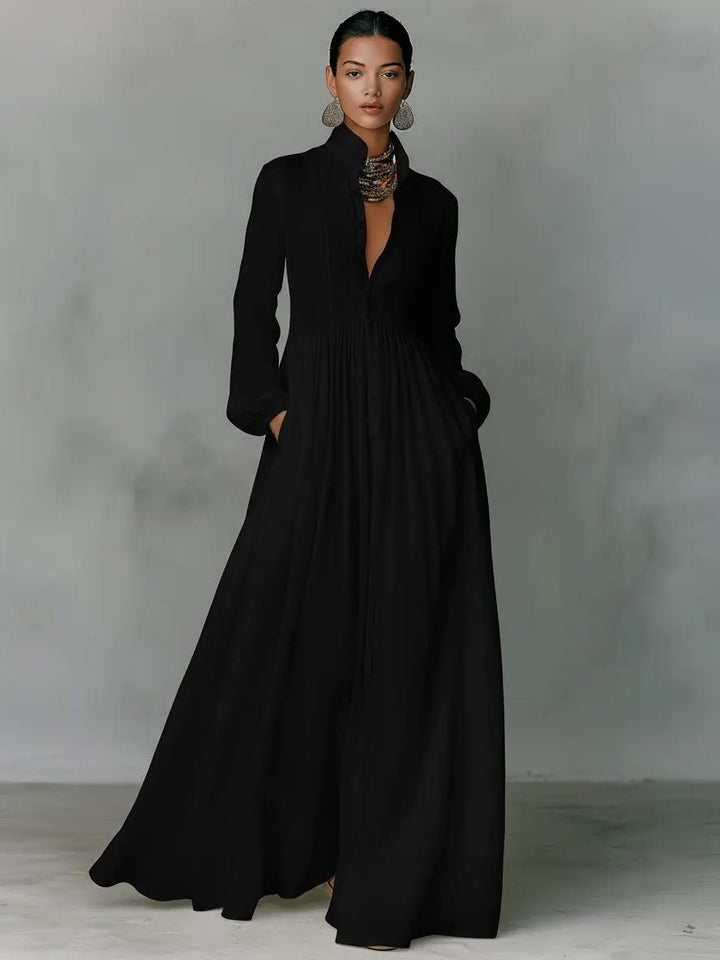 Linen Blend Maxi Shirt Dress with Stand Collar and Pockets for Women