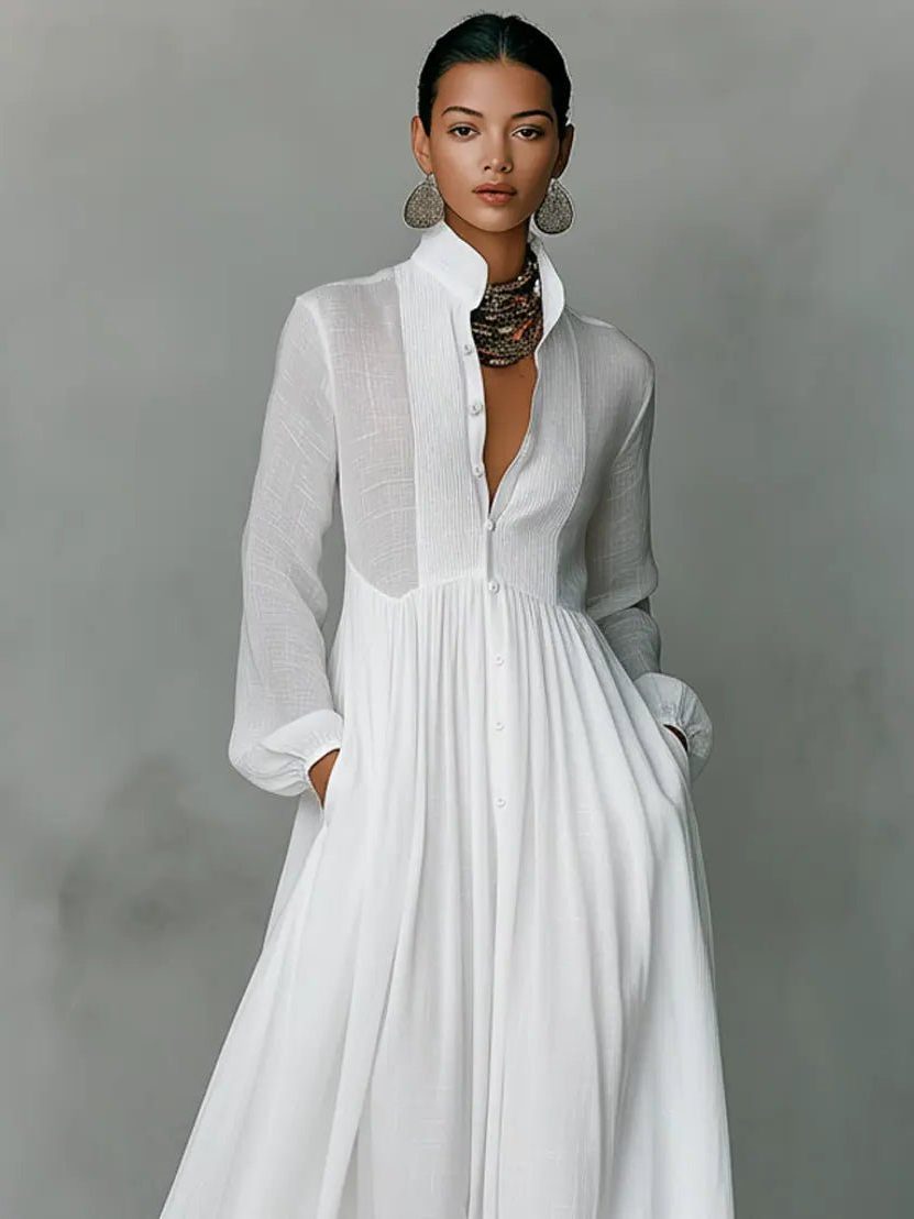Linen Blend Maxi Shirt Dress with Stand Collar and Pockets for Women