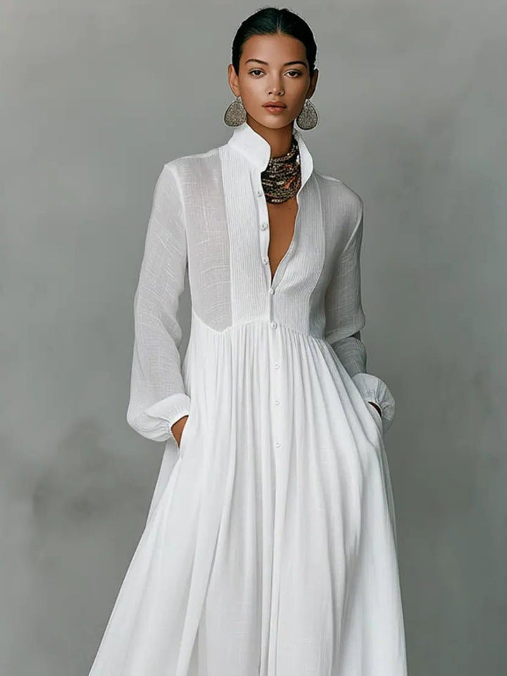 Linen Blend Maxi Shirt Dress with Stand Collar and Pockets for Women