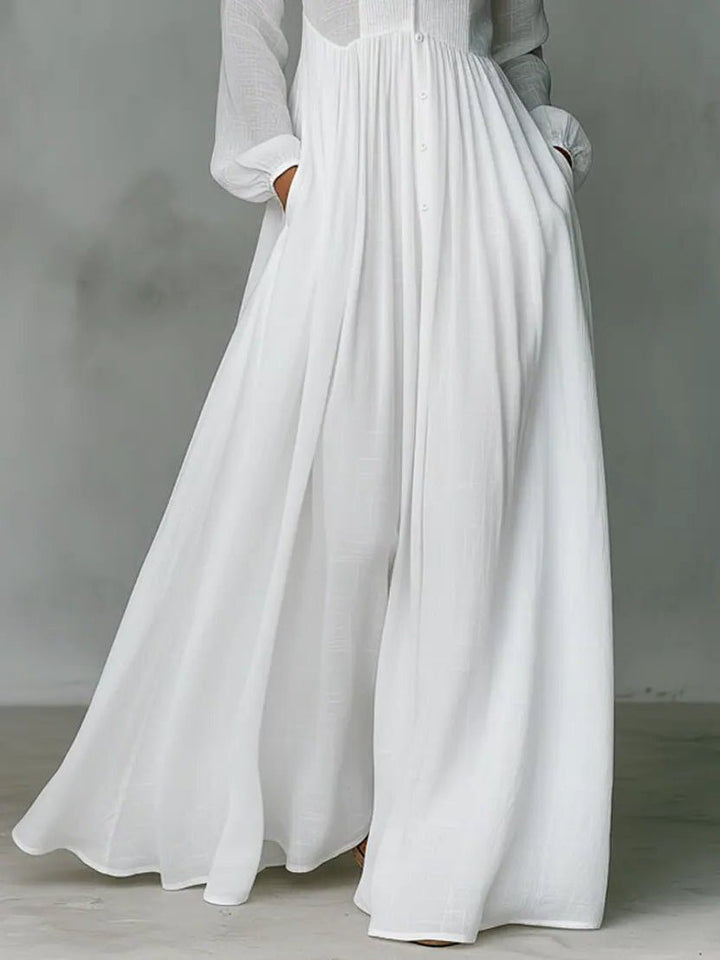 Linen Blend Maxi Shirt Dress with Stand Collar and Pockets for Women