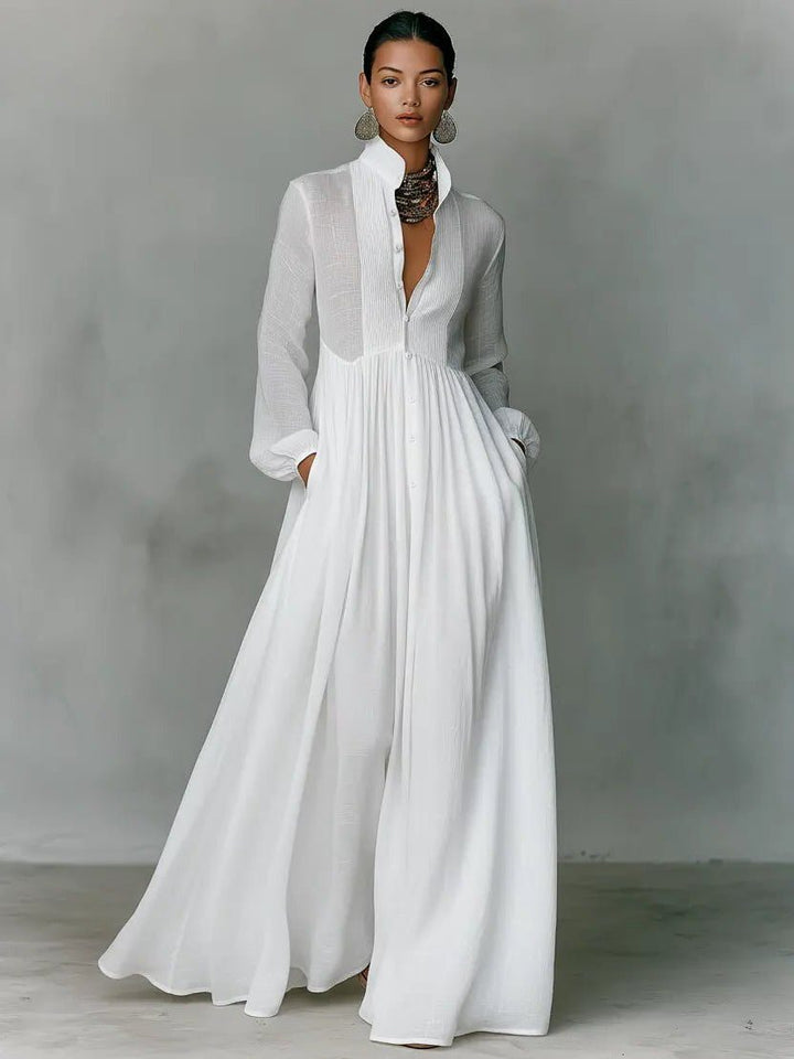 Linen Blend Maxi Shirt Dress with Stand Collar and Pockets for Women