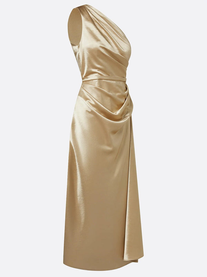 Formal Wedding Guest One-Shoulder Midi Dress with Ruched Waist for Women