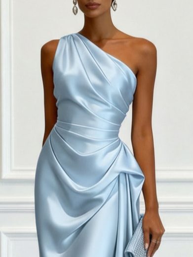 Formal Wedding Guest One-Shoulder Midi Dress with Ruched Waist for Women