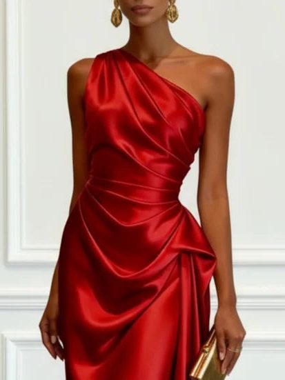 Formal Wedding Guest One-Shoulder Midi Dress with Ruched Waist for Women