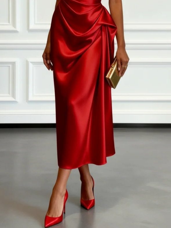 Formal Wedding Guest One-Shoulder Midi Dress with Ruched Waist for Women