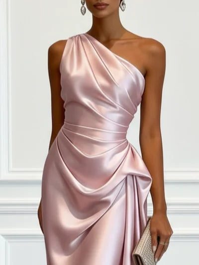 Formal Wedding Guest One-Shoulder Midi Dress with Ruched Waist for Women