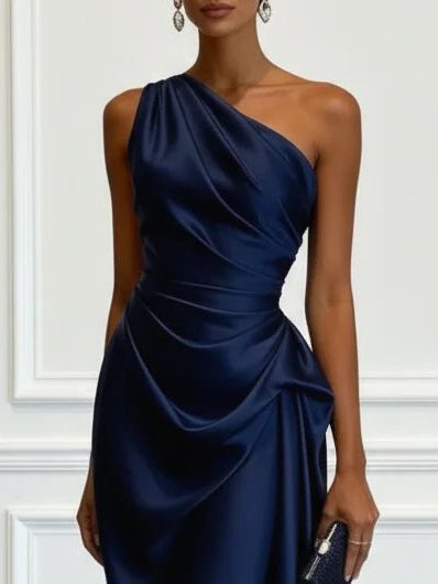Formal Wedding Guest One-Shoulder Midi Dress with Ruched Waist for Women