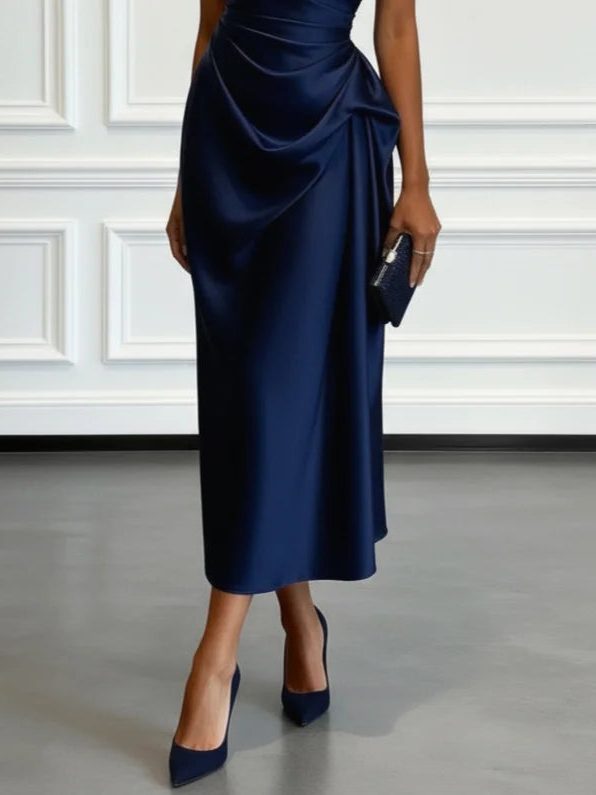 Formal Wedding Guest One-Shoulder Midi Dress with Ruched Waist for Women