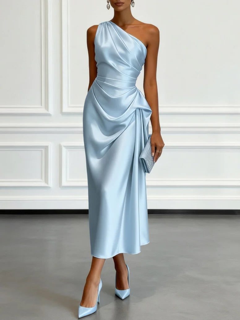 Formal Wedding Guest One-Shoulder Midi Dress with Ruched Waist for Women