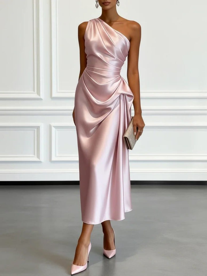 Formal Wedding Guest One-Shoulder Midi Dress with Ruched Waist for Women