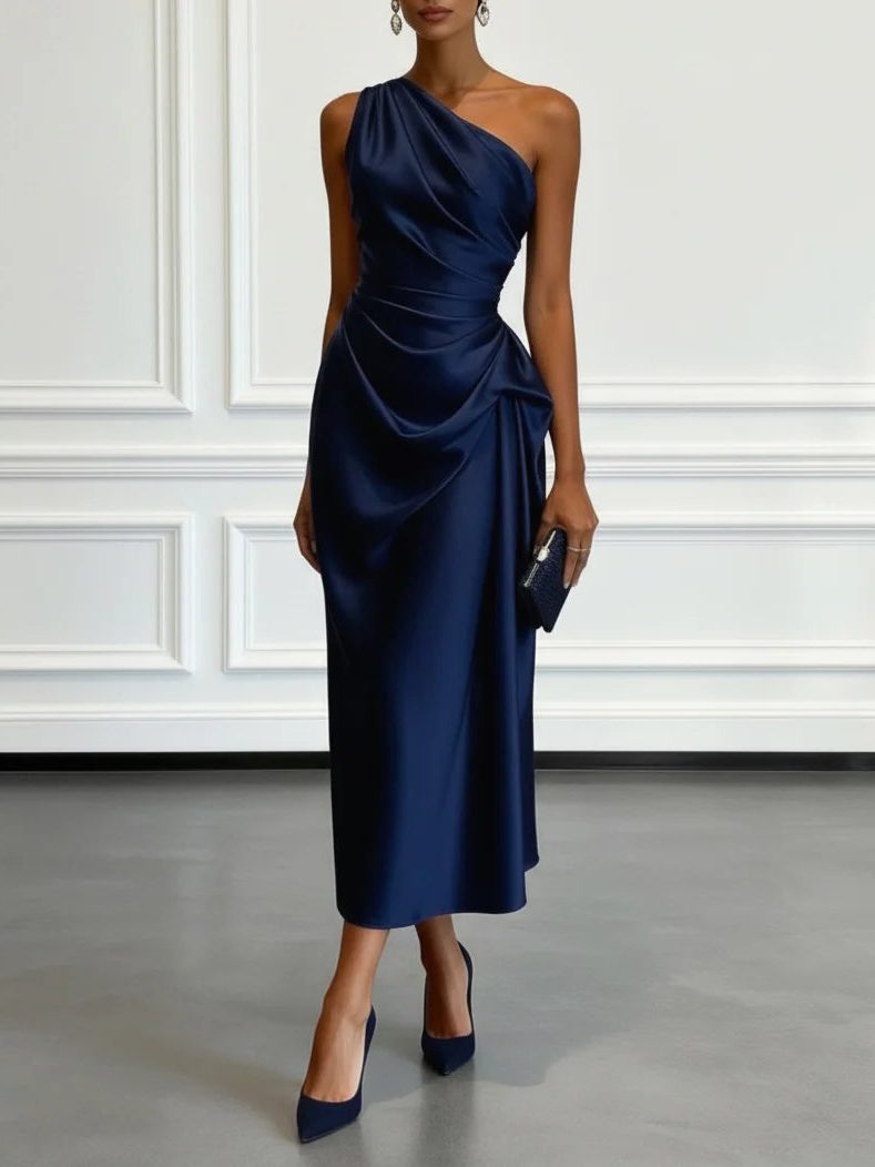 Formal Wedding Guest One-Shoulder Midi Dress with Ruched Waist for Women