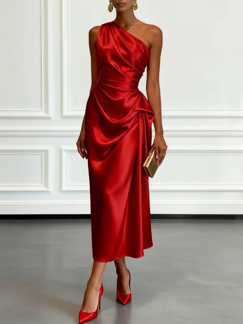 Formal Wedding Guest One-Shoulder Midi Dress with Ruched Waist for Women