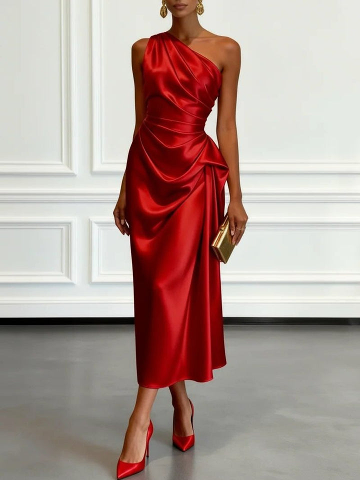 Formal Wedding Guest One-Shoulder Midi Dress with Ruched Waist for Women