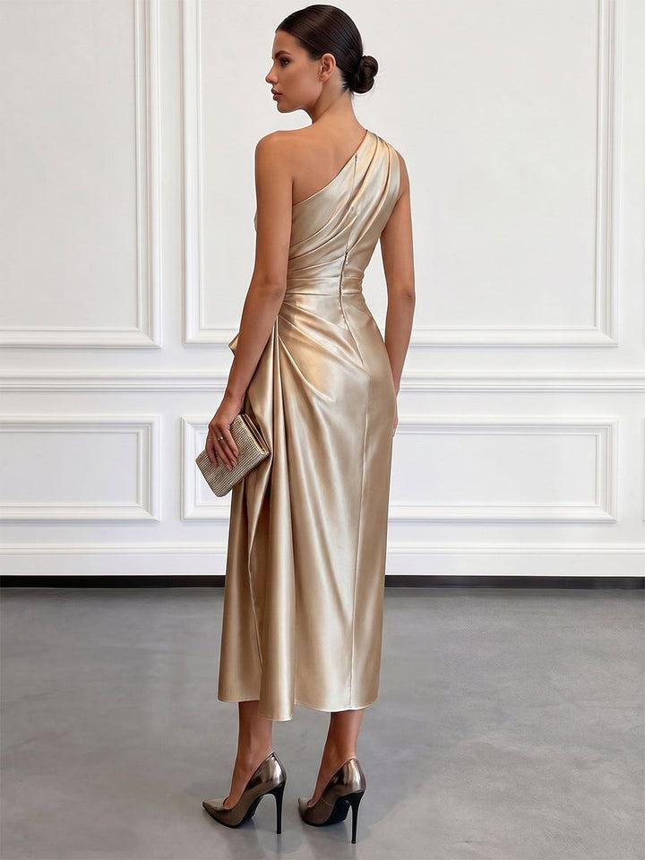 Formal Wedding Guest One-Shoulder Midi Dress with Ruched Waist for Women