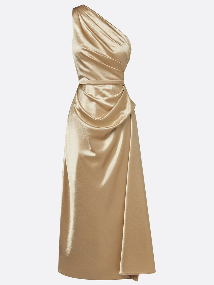 Formal Wedding Guest One-Shoulder Midi Dress with Ruched Waist for Women