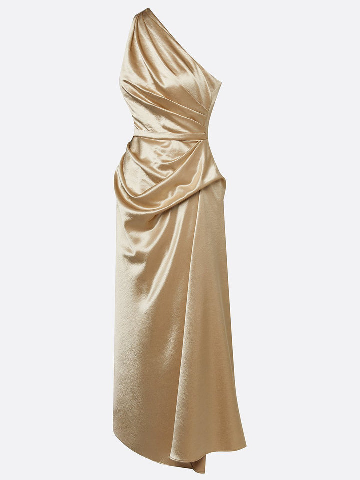 Formal Wedding Guest One-Shoulder Midi Dress with Ruched Waist for Women