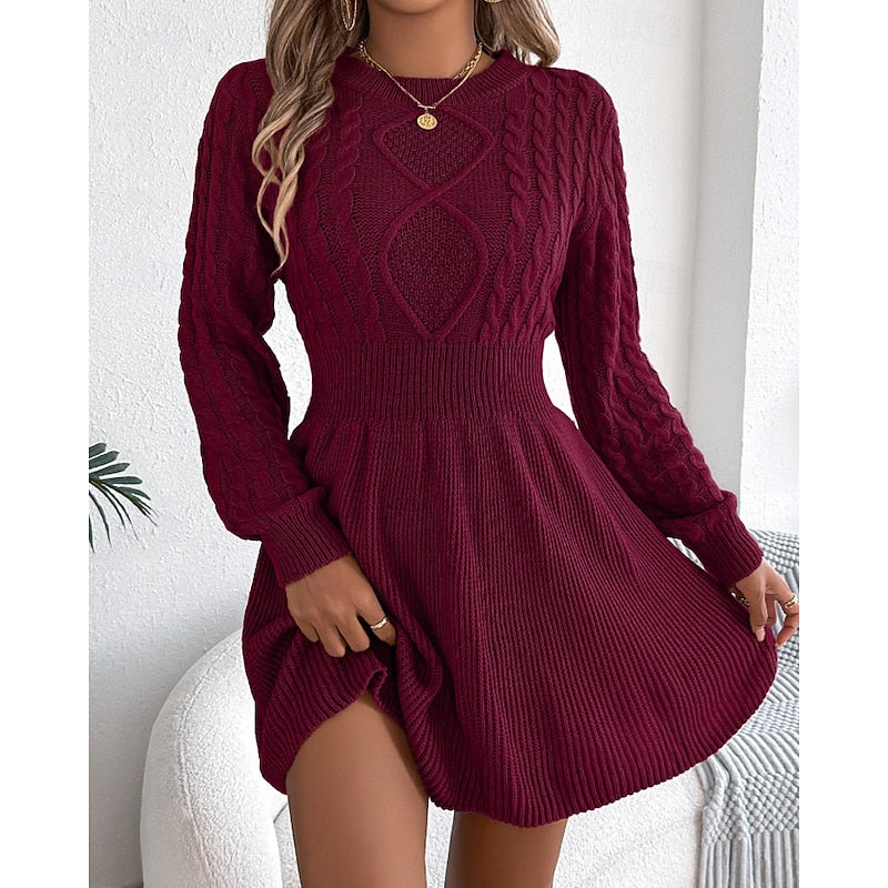 Women's Sweater Dress | Midi Cable-Knit Crew Neck Long Sleeve