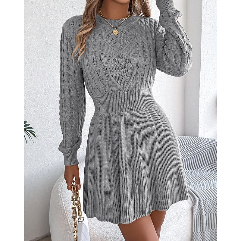 Women's Sweater Dress | Midi Cable-Knit Crew Neck Long Sleeve