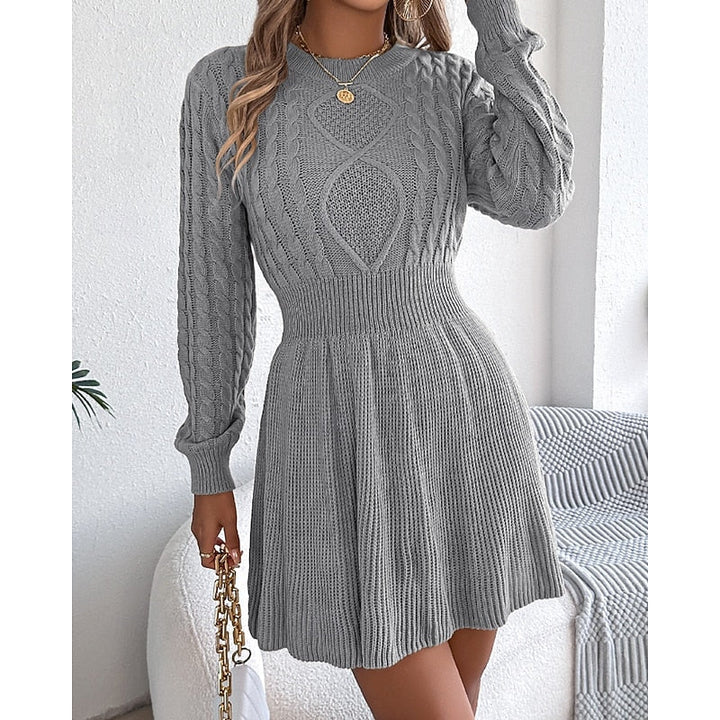 Women's Sweater Dress | Midi Cable-Knit Crew Neck Long Sleeve