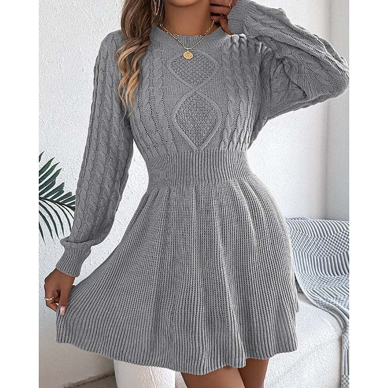 Women's Sweater Dress | Midi Cable-Knit Crew Neck Long Sleeve