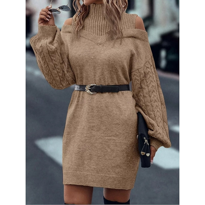 Women's Sweater Dress | Cold-Shoulder Turtleneck Knit